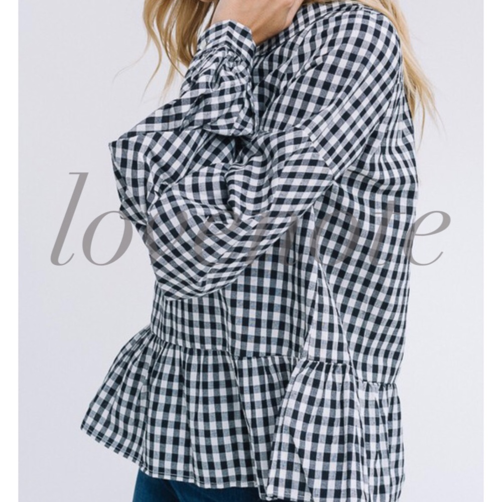 COTTON GINGHAM LONG RUFFLE SLEEVE TOP TIE BACK - Picture 4 of 7